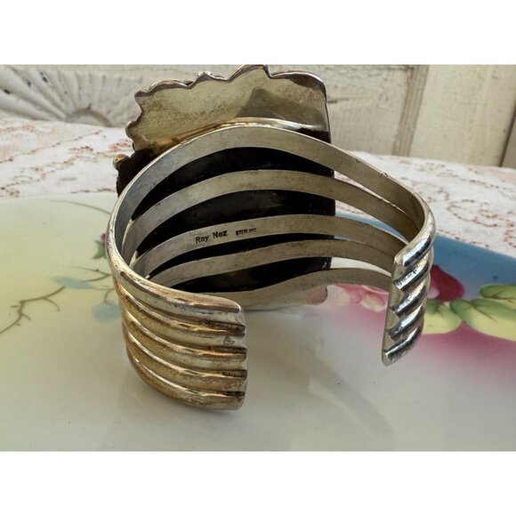 Vintage Ray Nez Heavy Large Blue Turquoise Sterling Cuff Bracelet - Picture 12 of 14